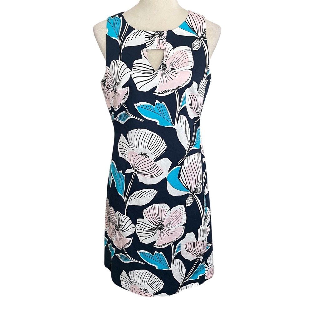 Nine West Floral Keyhole Shift Dress Nav Pink Sz 8 Coastal Preppy Pocket Resort